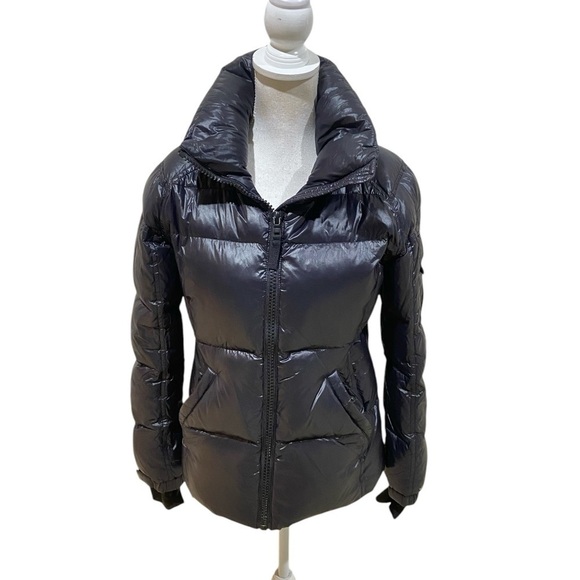 Aqua black puffer zip up jacket detachable faux tan fur trimmed hoodie small - Picture 7 of 16